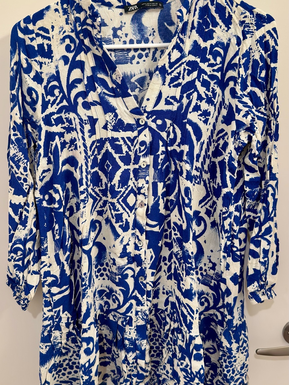 Zara Blue & White Printed Button-Front Tunic